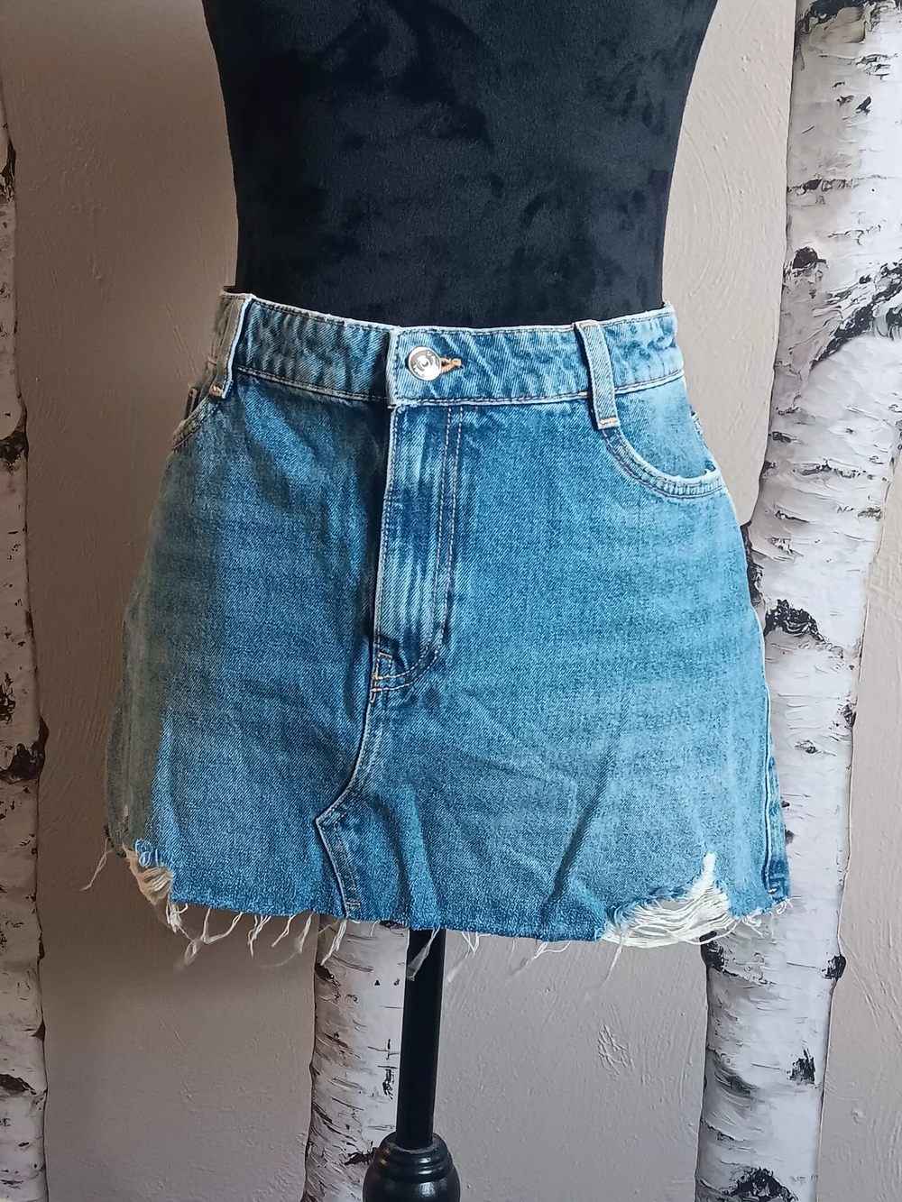 Zara Light Blue Distressed Denim Mini Skirt